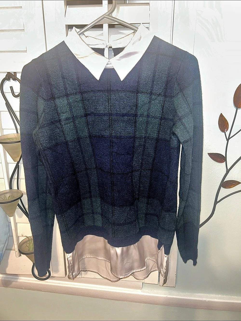 Tahari Plaid Layered Collar Mock Neck Sweater Blue & Green Small